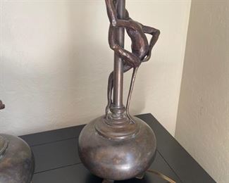 Vintage Maitland Smith Bronze Monkey Lamps pair 7.5in x 34.25in. Tall