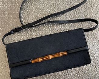 Vintage Black Gucci GG Monogram Canvas Wallet Bamboo 9.5in. X 4.75in.