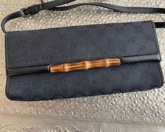 Vintage Black Gucci GG Monogram Canvas Wallet Bamboo 9.5in. X 4.75in.