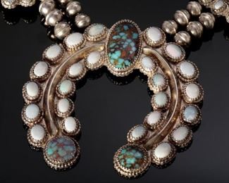 Navajo Turquoise Opal, & Silver Squash Blossom Necklace Native American 28in