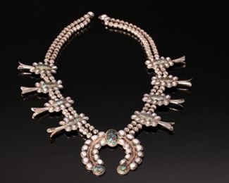 Navajo Turquoise Opal, & Silver Squash Blossom Necklace Native American 28in