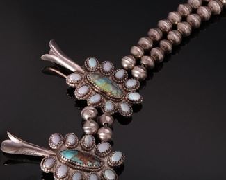 Navajo Turquoise Opal, & Silver Squash Blossom Necklace Native American 28in