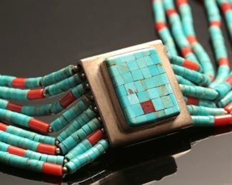 Tony Aguilar Sr Turquoise, Silver, & Coral 8-Strand Choker Necklace Santo Domingo Pueblo 16in