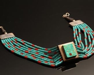 Tony Aguilar Sr Turquoise, Silver, & Coral 8-Strand Choker Necklace Santo Domingo Pueblo 16in