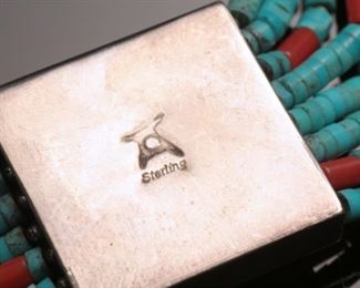 Tony Aguilar Sr Turquoise, Silver, & Coral 8-Strand Choker Necklace Santo Domingo Pueblo 16in