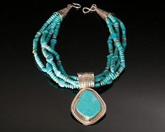 Tony Aguilar Sr Turquoise & Silver Necklace 4-Strand Santo Domingo Pueblo 17in