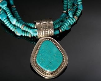 Tony Aguilar Sr Turquoise & Silver Necklace 4-Strand Santo Domingo Pueblo 17in