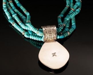 Tony Aguilar Sr Turquoise & Silver Necklace 4-Strand Santo Domingo Pueblo 17in