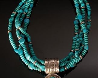 Tony Aguilar Sr Turquoise & Silver Necklace 4-Strand Santo Domingo Pueblo 17in