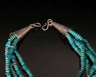 Tony Aguilar Sr Turquoise & Silver Necklace 4-Strand Santo Domingo Pueblo 17in