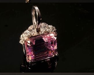 14kt White Gold Emerald Cut Pink Topaz & Diamond Pendant Stuller 30x22.5x13mm HxWxD
