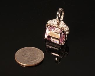 14kt White Gold Emerald Cut Pink Topaz & Diamond Pendant Stuller 30x22.5x13mm HxWxD