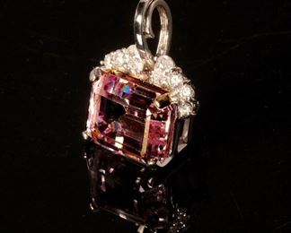 14kt White Gold Emerald Cut Pink Topaz & Diamond Pendant Stuller 30x22.5x13mm HxWxD