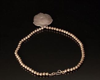 Carl Luthy Navajo Silver & Turquoise Beaded Necklace Nugget Pendant Native American Luthey 21in