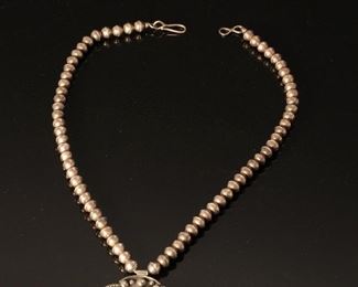 Carl Luthy Navajo Silver & Turquoise Beaded Necklace Nugget Pendant Native American Luthey 21in