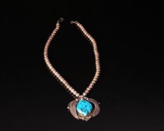Carl Luthy Navajo Silver & Turquoise Beaded Necklace Nugget Pendant Native American Luthey 21in