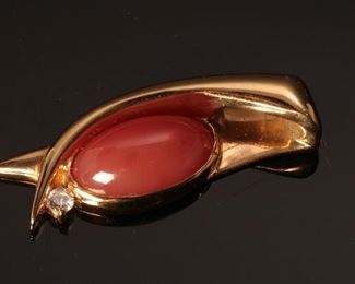 232033 18K Gold Pink Coral & Diamond Pendant 50x17x9mm