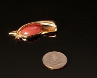 232033 18K Gold Pink Coral & Diamond Pendant 50x17x9mm