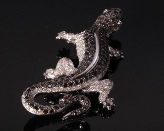 18k White Gold Black/Clear Diamond Salamander Lizard Brooch/Pin 12x56x29mm HxWxD