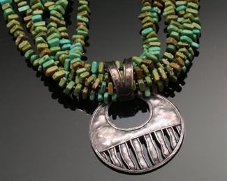 6 Strand Turquoise and copper beaded Necklace with Silver Pendant 20 inches