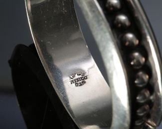 Mexico Sterling Silver hinged cuff bracelet shadowed silver beads 7.5 inch diameter : 3/4 in wide