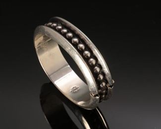 Mexico Sterling Silver hinged cuff bracelet shadowed silver beads 7.5 inch diameter : 3/4 in wide