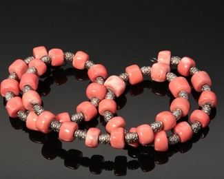 Native American Coral and Silver Wrap Bracelet 1.5 inches wide on wrist