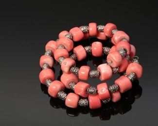 Native American Coral and Silver Wrap Bracelet 1.5 inches wide on wrist