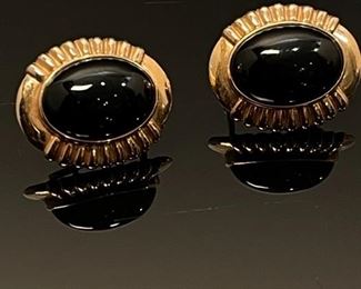 14K Yellow Gold and Onyx Earrings 13mm by 17mm stone, earring 21mm by 25mm