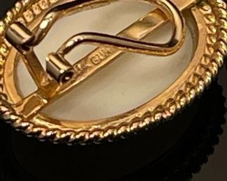 Gump’s 14K Yellow Gold and White Jade Clip Earrings 13mm by 19mm stone and 18mm by 22mm earring