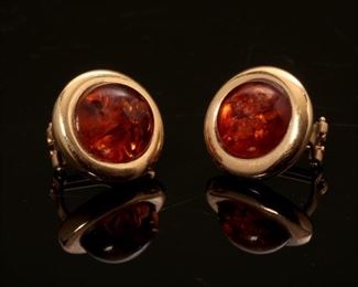 Vintage 14K Yellow Gold and Amber Round Earrings 14mm amber stone 20mm total