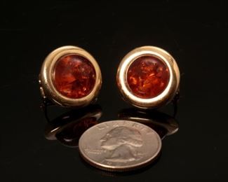 Vintage 14K Yellow Gold and Amber Round Earrings 14mm amber stone 20mm total