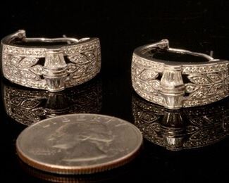 Vintage 18K White Gold and Diamond half hoop Earrings 21mm by 9mm