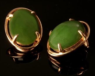 Gump’s 14K Yellow Gold and Jade Clip Earrings 12mm by 16 mm stone and 19mm by 15mm earrings