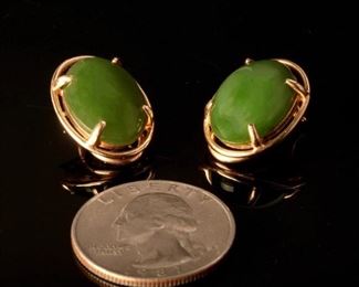 Gump’s 14K Yellow Gold and Jade Clip Earrings 12mm by 16 mm stone and 19mm by 15mm earrings