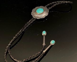 Native American Silver & Turquoise Concho Bolo Tie 19in Long
