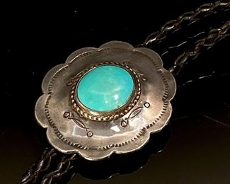 Native American Silver & Turquoise Concho Bolo Tie 19in Long