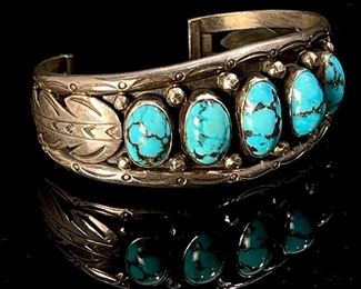 Carl Luthy Navajo Silver & Turquoise Cuff Bracelet Native American Luthey Size: 6.5