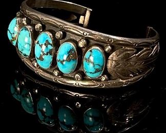 Carl Luthy Navajo Silver & Turquoise Cuff Bracelet Native American Luthey Size: 6.5