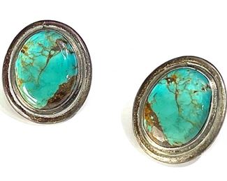 Tony Aguilar Sr Turquoise & Silver Earrings Santo Domingo Pueblo Native American 30x25mm