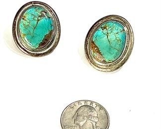 Tony Aguilar Sr Turquoise & Silver Earrings Santo Domingo Pueblo Native American 30x25mm