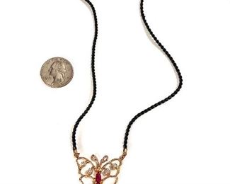 14k Gold Diamond & Garnet Butterfly Pendant Necklace 17.5 in Long