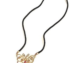14k Gold Diamond & Garnet Butterfly Pendant Necklace 17.5 in Long