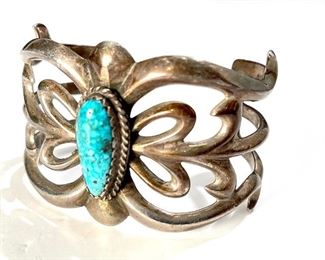 Navajo Sand Cast Silver & Turquoise Cuff Bracelet Native American Vintage Pawn Jewelry SZ: 6.75