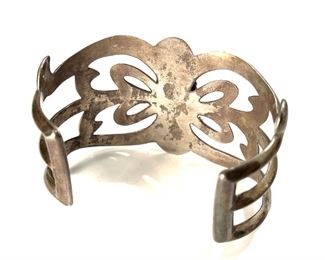 Navajo Sand Cast Silver & Turquoise Cuff Bracelet Native American Vintage Pawn Jewelry SZ: 6.75