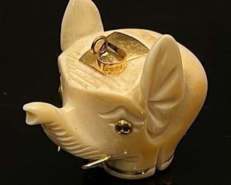 14k Gold & Ivory Elephant Pendant Charm 25x20x30mm HxWxD