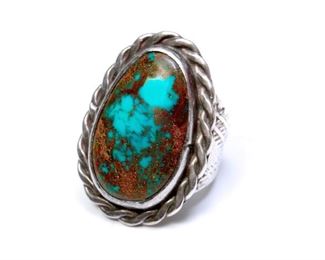 Vintage Native American Turquoise and Silver Ring 1 1/4 inch stone with silver border