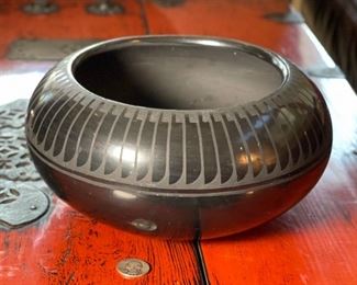 Blue Corn San Ildefonso Pueblo Pottery Feather Pattern Crucita Calabaza Native American Black on Black	5in H x 9.75in Diameter	
