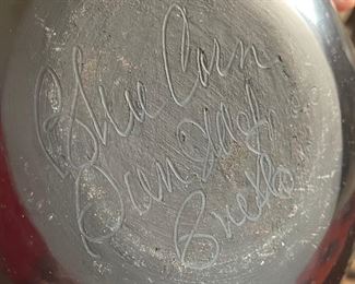 Blue Corn San Ildefonso Pueblo Pottery Feather Pattern Crucita Calabaza Native American Black on Black	5in H x 9.75in Diameter	
