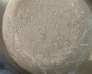 Blue Corn San Ildefonso Pueblo Pottery Feather Pattern Crucita Calabaza Native American Black on Black	5in H x 9.75in Diameter	
